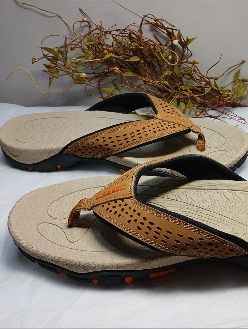 Hobibear Men's Beige/Tan Perforated Flip Flops - Comfort Trail Sandals